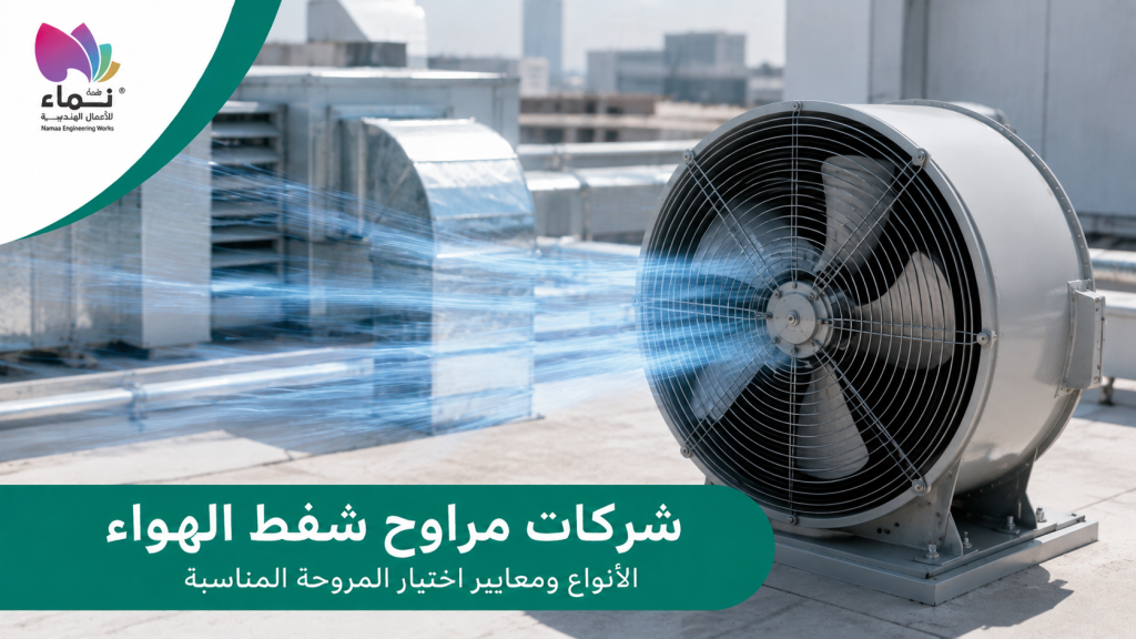 شركات مراوح شفط الهواء الصناعية مع مروحة شفط كبيرة وأنظمة تهوية على سطح منشأة صناعية.