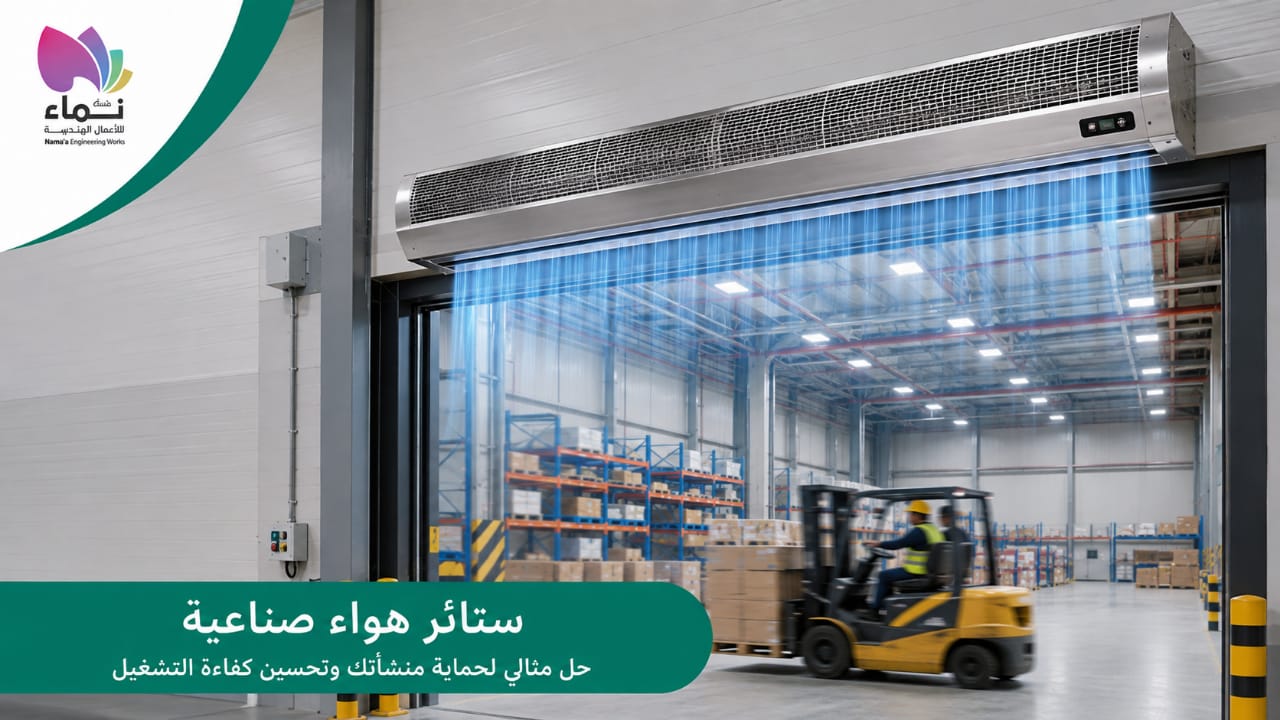ستائر هواء صناعية مثبتة أعلى مدخل مستودع صناعي لتكوين حاجز هوائي يحافظ على درجة الحرارة الداخلية ويقلل دخول الأتربة والحشرات مع تحسين كفاءة أنظمة التكييف والتبريد.