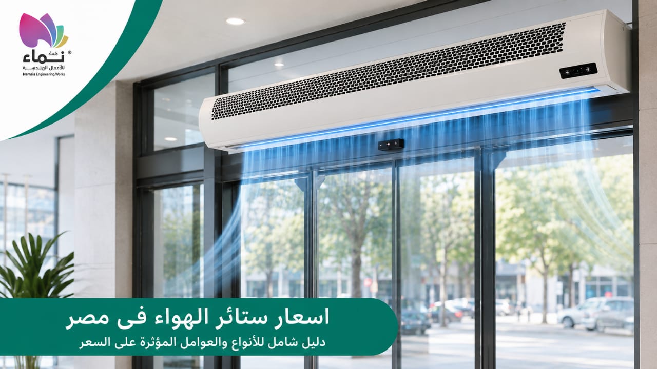 اسعار ستائر الهواء فى مصر مع عرض ستارة هواء حديثة داخل منشأة تجارية توضح جودة التصميم وكفاءة أنظمة التهوية من شركة نماء للأعمال الهندسية.